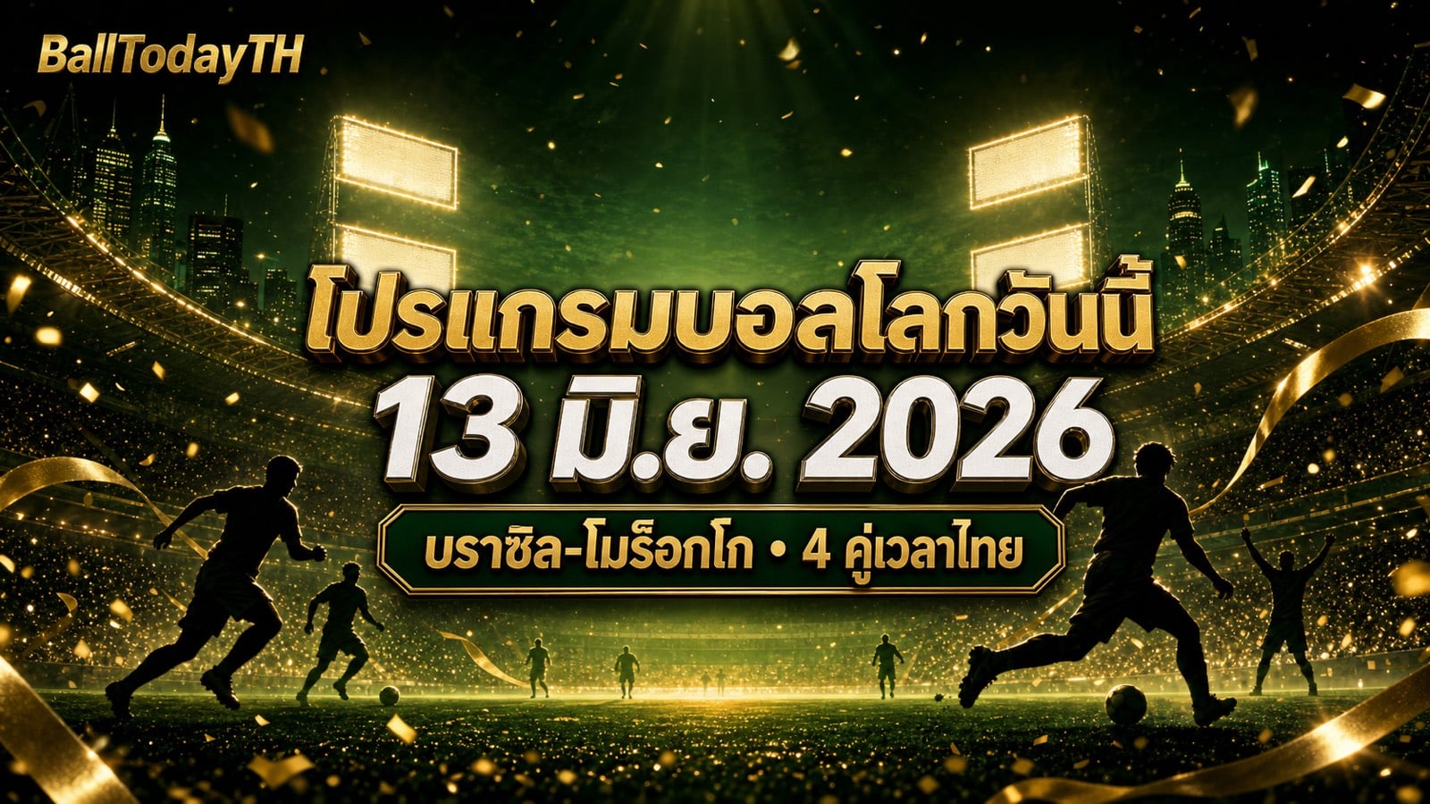 ภาพปกโปรแกรมบอลโลกวันนี้ 13 มิ.ย. 2026 บราซิล โมร็อกโก และ 4 คู่เวลาไทย