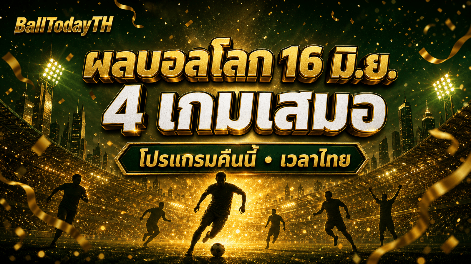ผลบอลโลก 16 มิ.ย. 2026 สรุป 4 เกมเสมอและโปรแกรมคืนนี้เวลาไทย