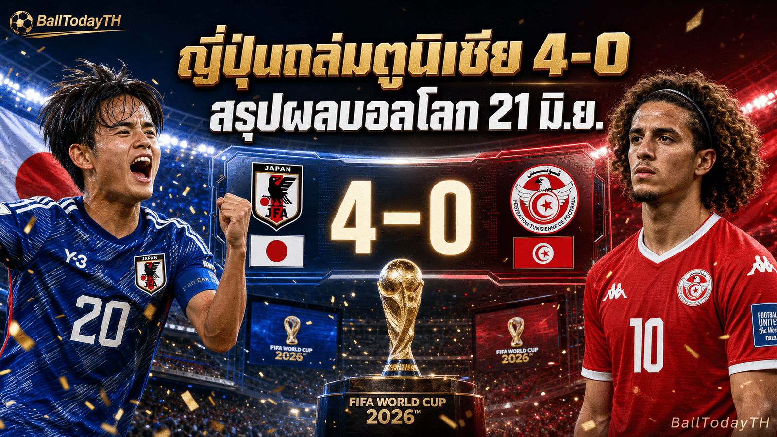 ผลบอลโลก 21 มิ.ย. 2026 ญี่ปุ่นชนะตูนิเซีย 4-0
