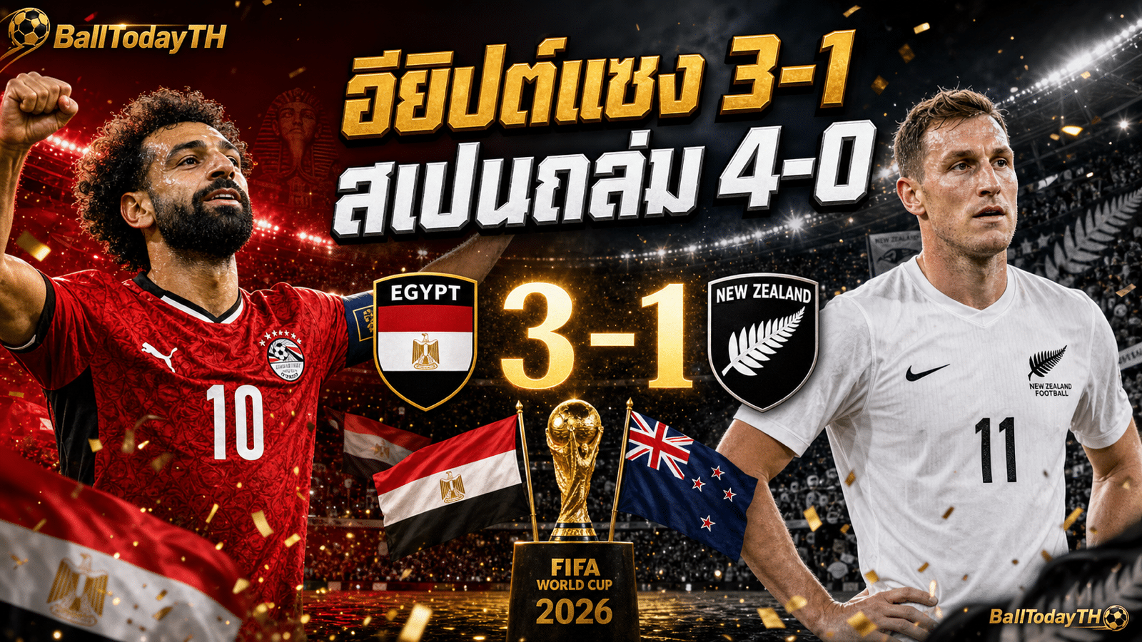 ผลบอลโลก 22 มิ.ย. 2026 อียิปต์ชนะนิวซีแลนด์ 3-1 และสเปนถล่ม 4-0