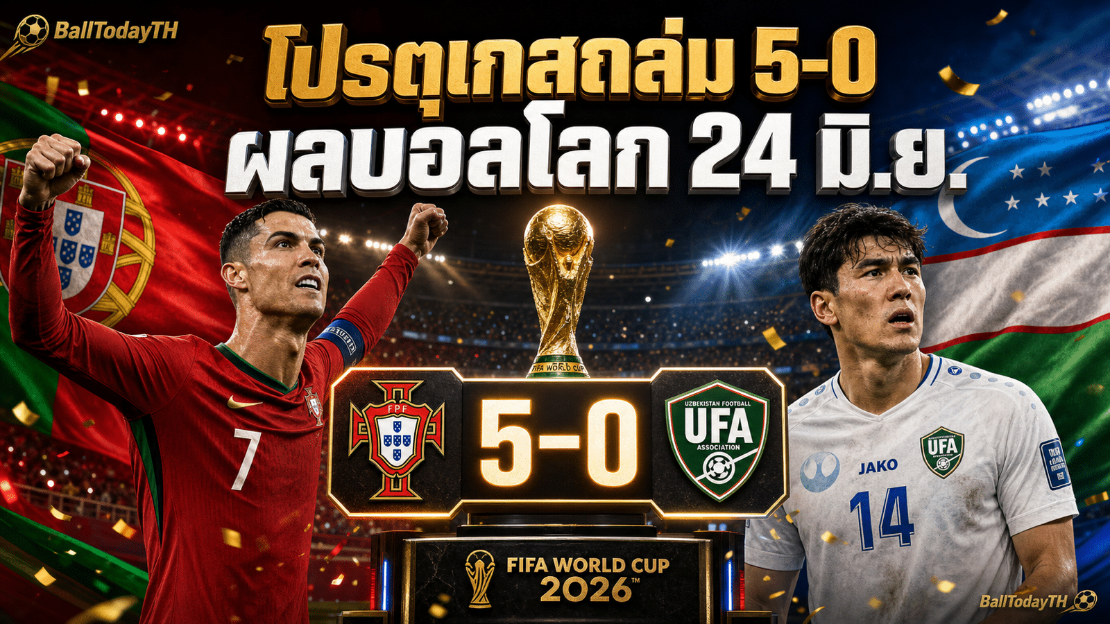 ผลบอลโลก 24 มิ.ย. 2026 โปรตุเกสชนะอุซเบกิสถาน 5-0