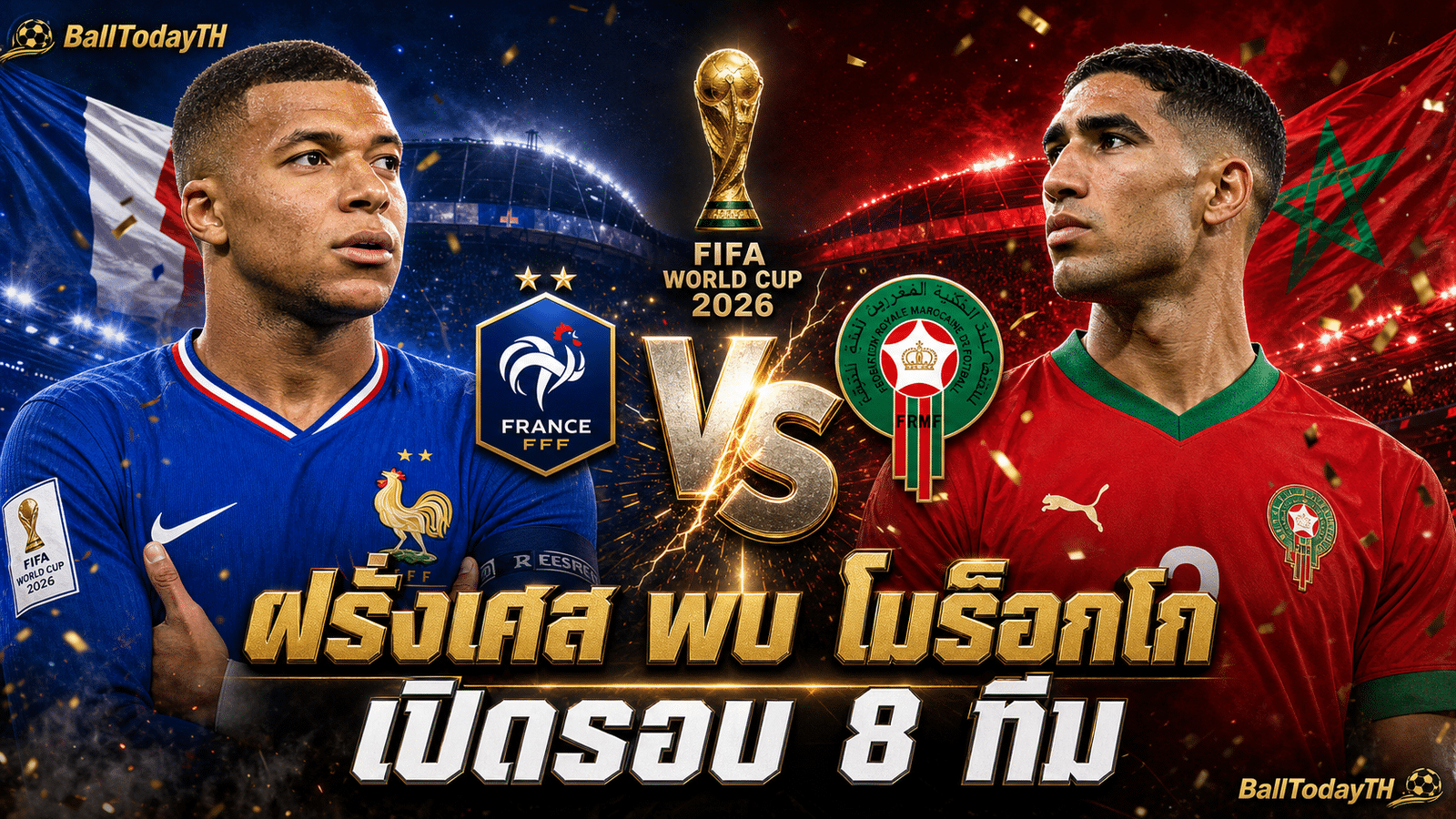 ฝรั่งเศส พบ โมร็อกโก โปรแกรมบอลโลก 2026 รอบ 8 ทีม