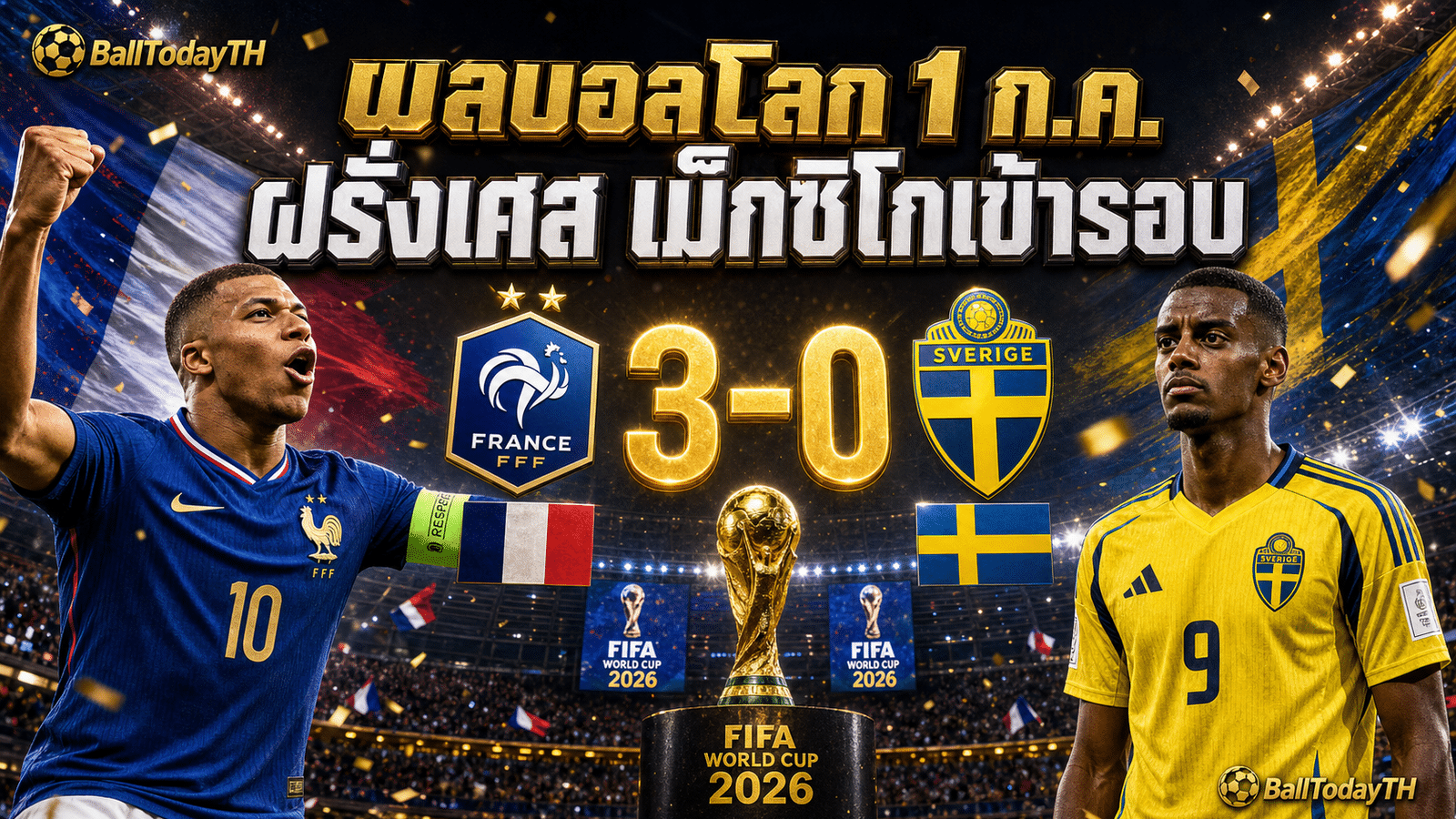 ผลบอลโลก 1 ก.ค. 2026 ฝรั่งเศสชนะสวีเดน 3-0 รอบ 32 ทีม