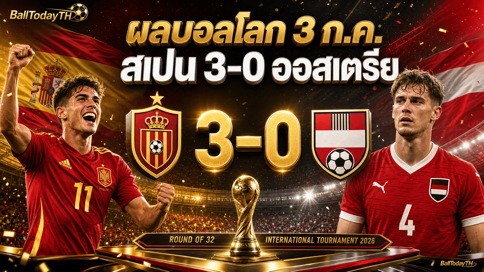 ผลบอลโลก 3 ก.ค. 2026 สเปน 3-0 ออสเตรีย