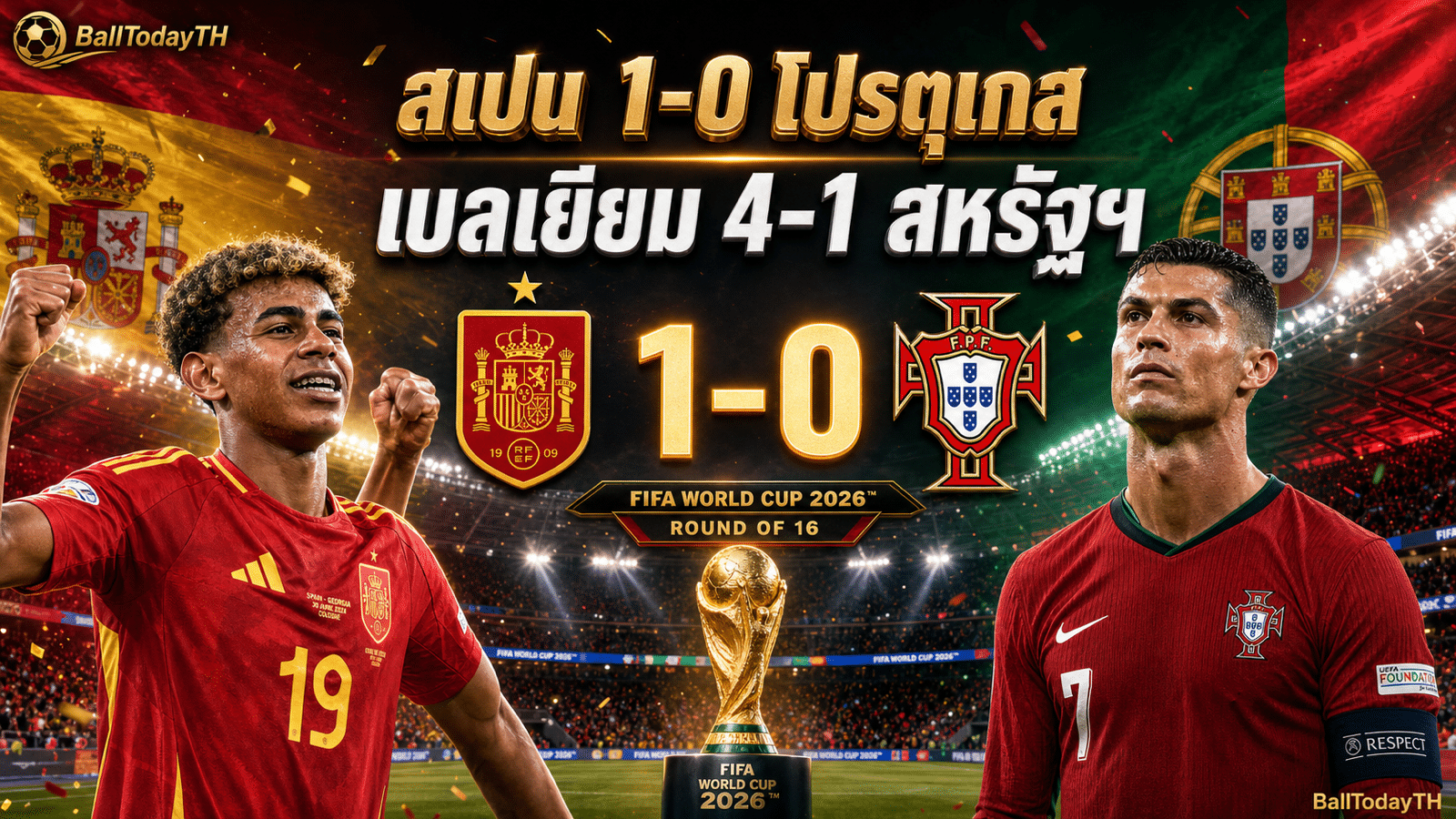 ผลบอลโลก 7 ก.ค. 2026 สเปน โปรตุเกส เบลเยียม สหรัฐอเมริกา