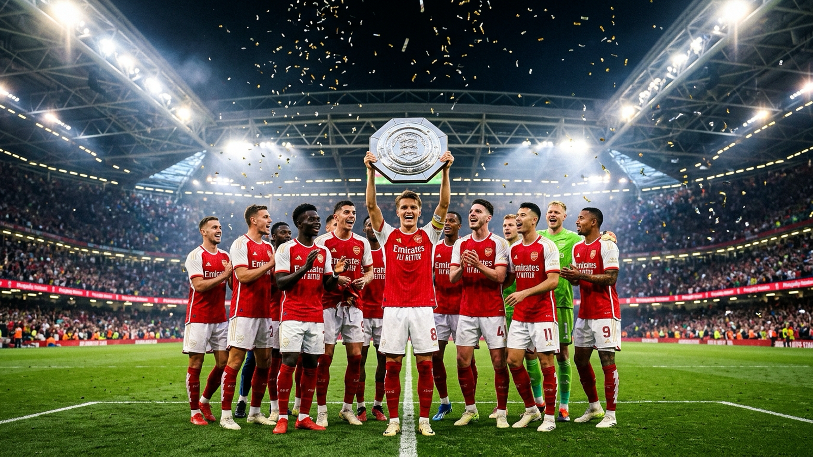 อาร์เซนอลฉลองถ้วย FA Community Shield 2026 ที่ Principality Stadium คาร์ดิฟฟ์ หลังชนะแมนฯ ซิตี้ 3-0