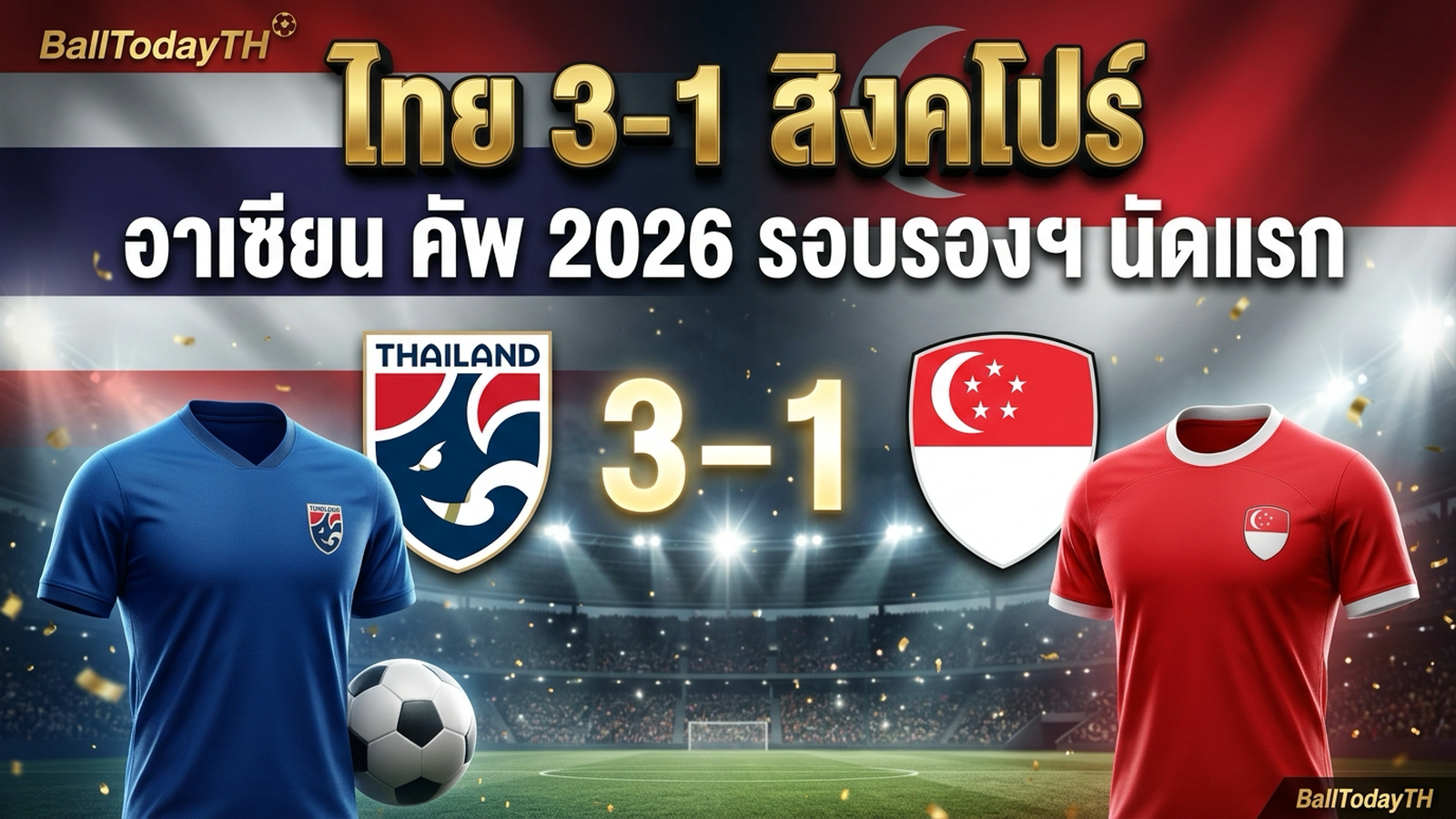 ไทย 3-1 สิงคโปร์ อาเซียน คัพ 2026 รอบรองชนะเลิศ นัดแรก BallTodayTH