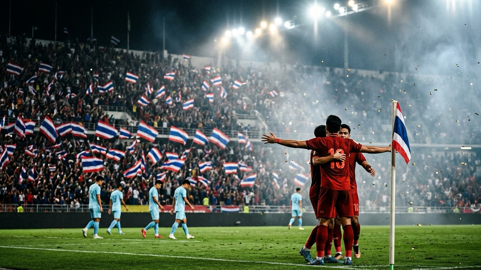 นักเตะทีมชาติไทยชุดแดงฉลองประตูริมธงมุมสนามราชมังคลากีฬาสถาน เกมเปิดบ้านชนะเมียนมา 2-0 ศึกชิงแชมป์อาเซียน 2026
