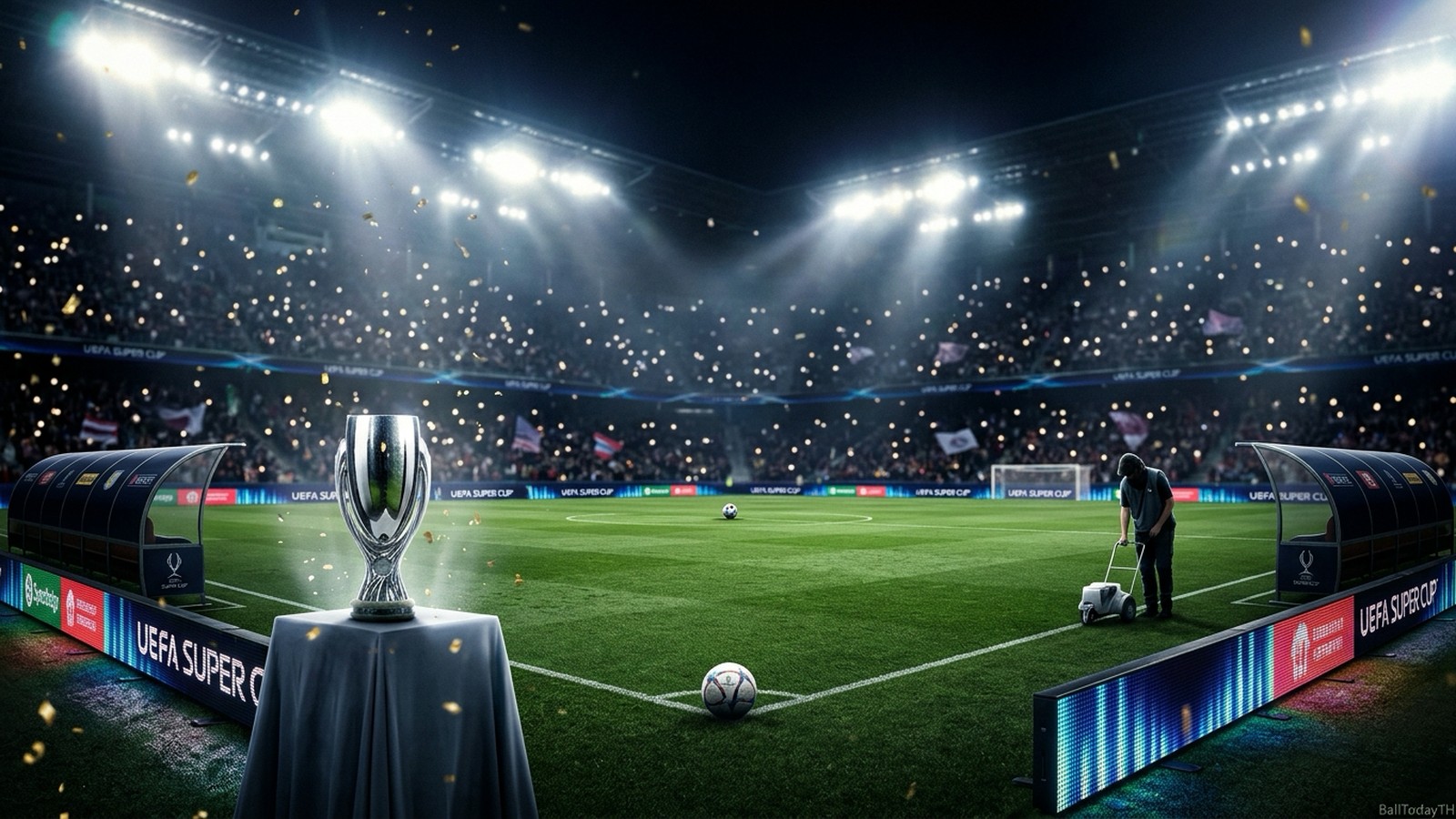 บรรยากาศก่อนเกม ยูฟ่า ซูเปอร์คัพ 2026 ที่สตาดิโอน ซัลซ์บวร์ก ถ้วยรางวัลตั้งริมสนามใต้แสงไฟ