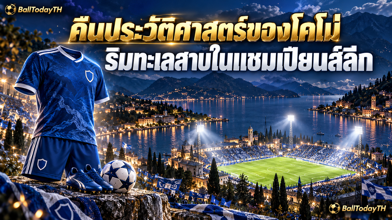 ภาพประกอบ AI สนามฟุตบอลริมทะเลสาบโคโม่ยามค่ำคืน แฟนบอลสีน้ำเงินขาวโบกธง