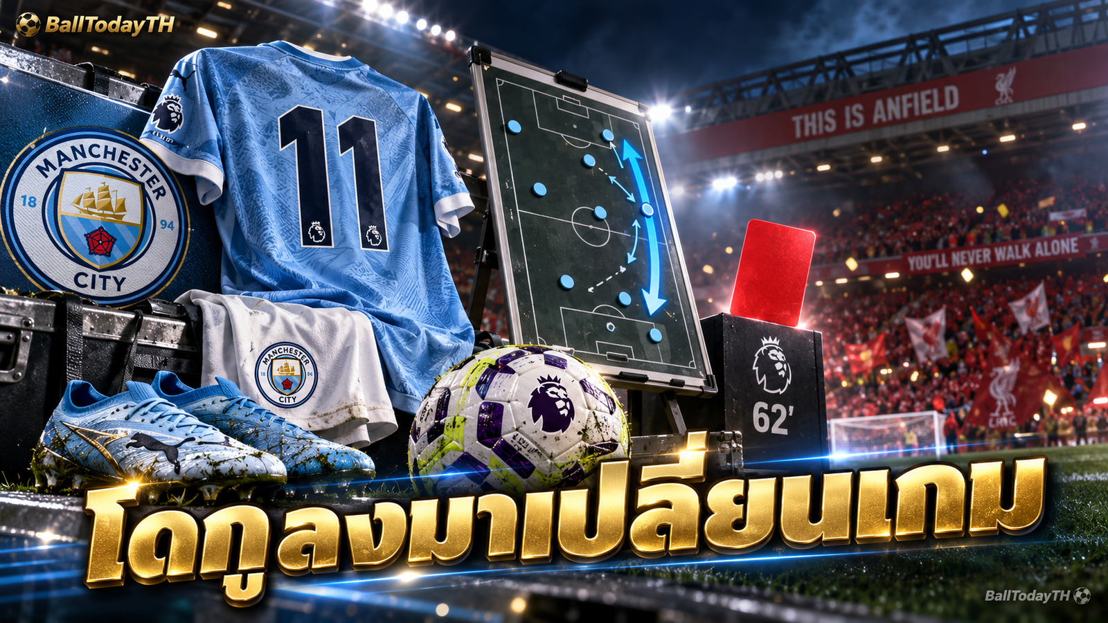 ภาพประกอบเสื้อหมายเลข 11 ของแมนซิตี้ กระดานแท็กติกและใบแดงนาที 62