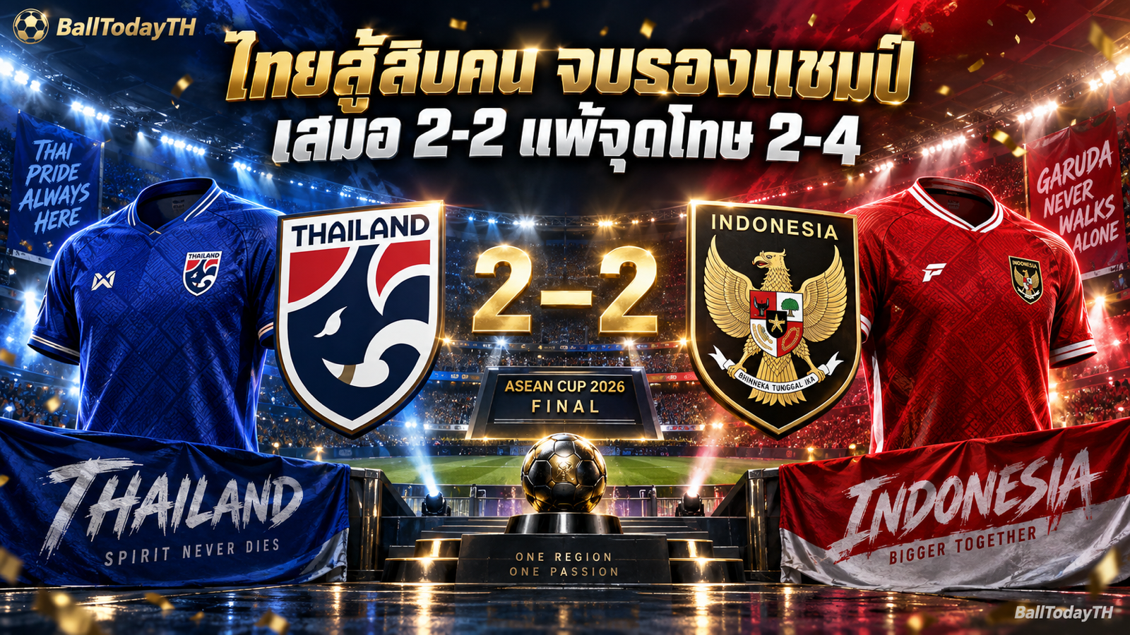 ภาพประกอบไทยเสมออินโดนีเซีย 2-2 ก่อนแพ้จุดโทษ 2-4 ในนัดชิง FIFA ASEAN CUP 2026