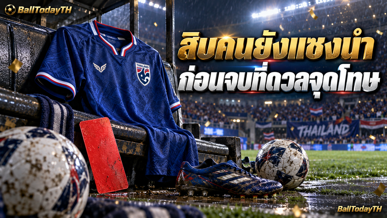 ภาพประกอบชุดทีมชาติไทย ใบแดง และลูกบอล สื่อถึงการกลับมาของทีมที่เหลือสิบคน