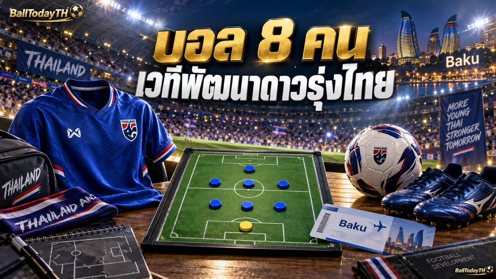 ภาพประกอบโต๊ะโค้ชและแผนผังบอล 8 คนสำหรับเยาวชนไทย