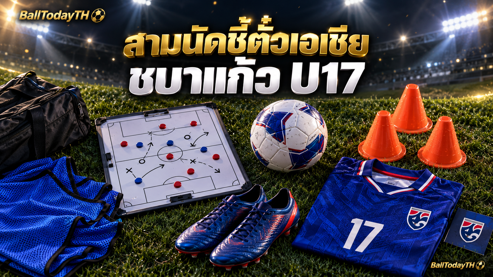 ภาพประกอบอุปกรณ์ฝึกซ้อมและกระดานแท็กติก สำหรับภารกิจสามนัดของหญิงไทย U17 สร้างด้วย AI